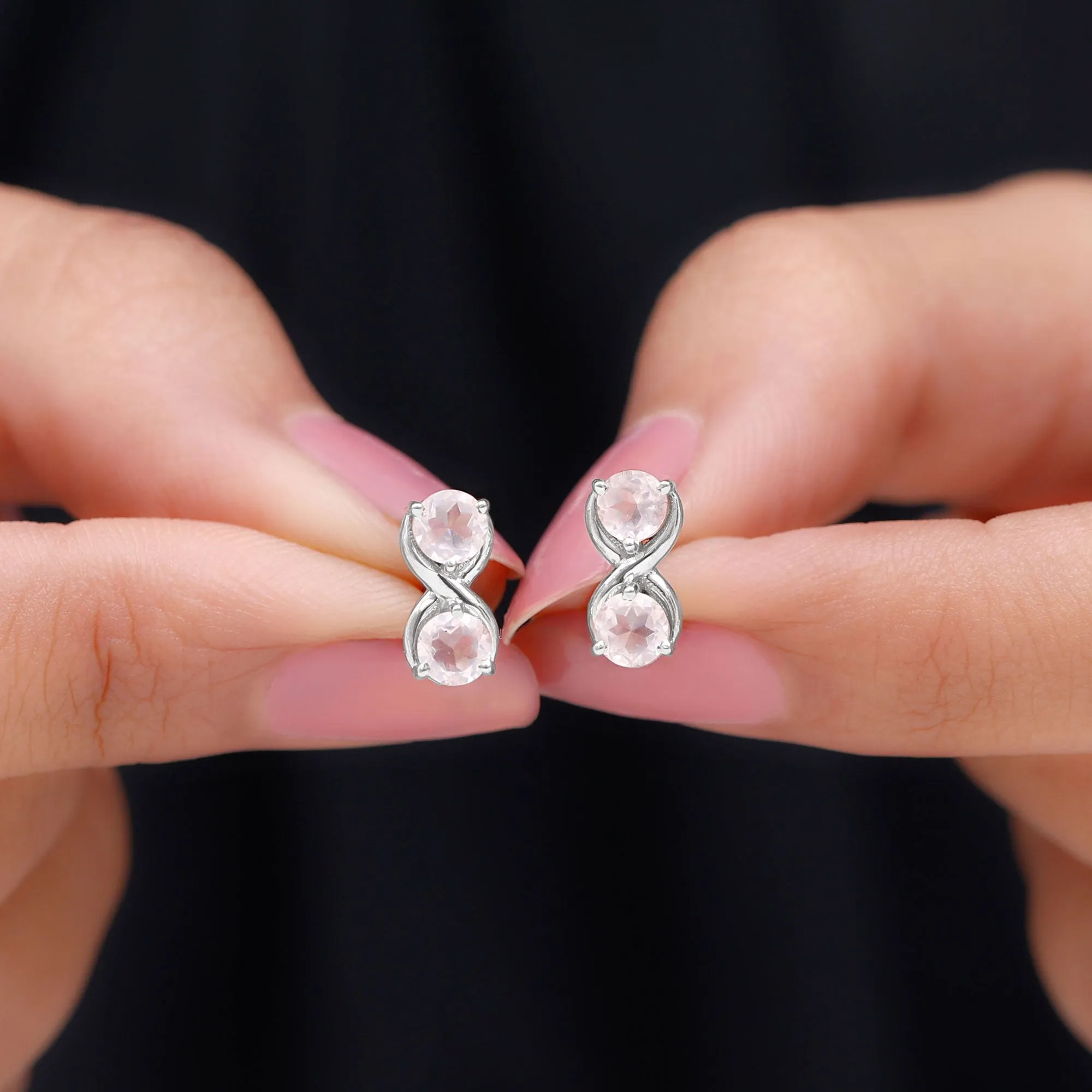 1 CT Simple Rose Quartz Two Stone Infinity Stud Earrings