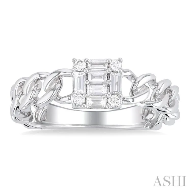 1/4 ctw Fusion Baguette and Round Cut Diamond Curb & Cuban Link Fashion Ring in 14K White Gold