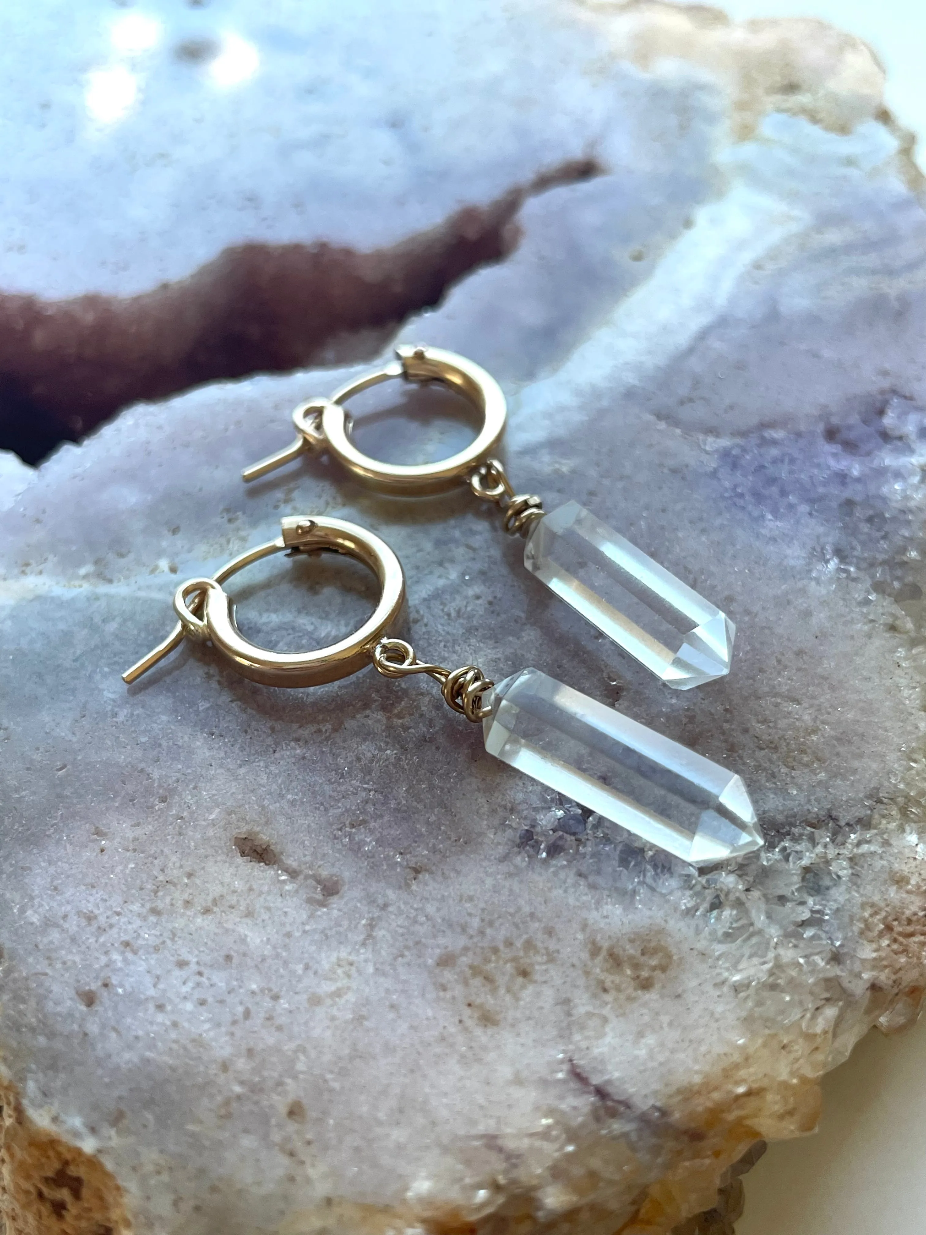 14kt Gold Filled Tiny Crystal Clear Quartz Huggie Earrings