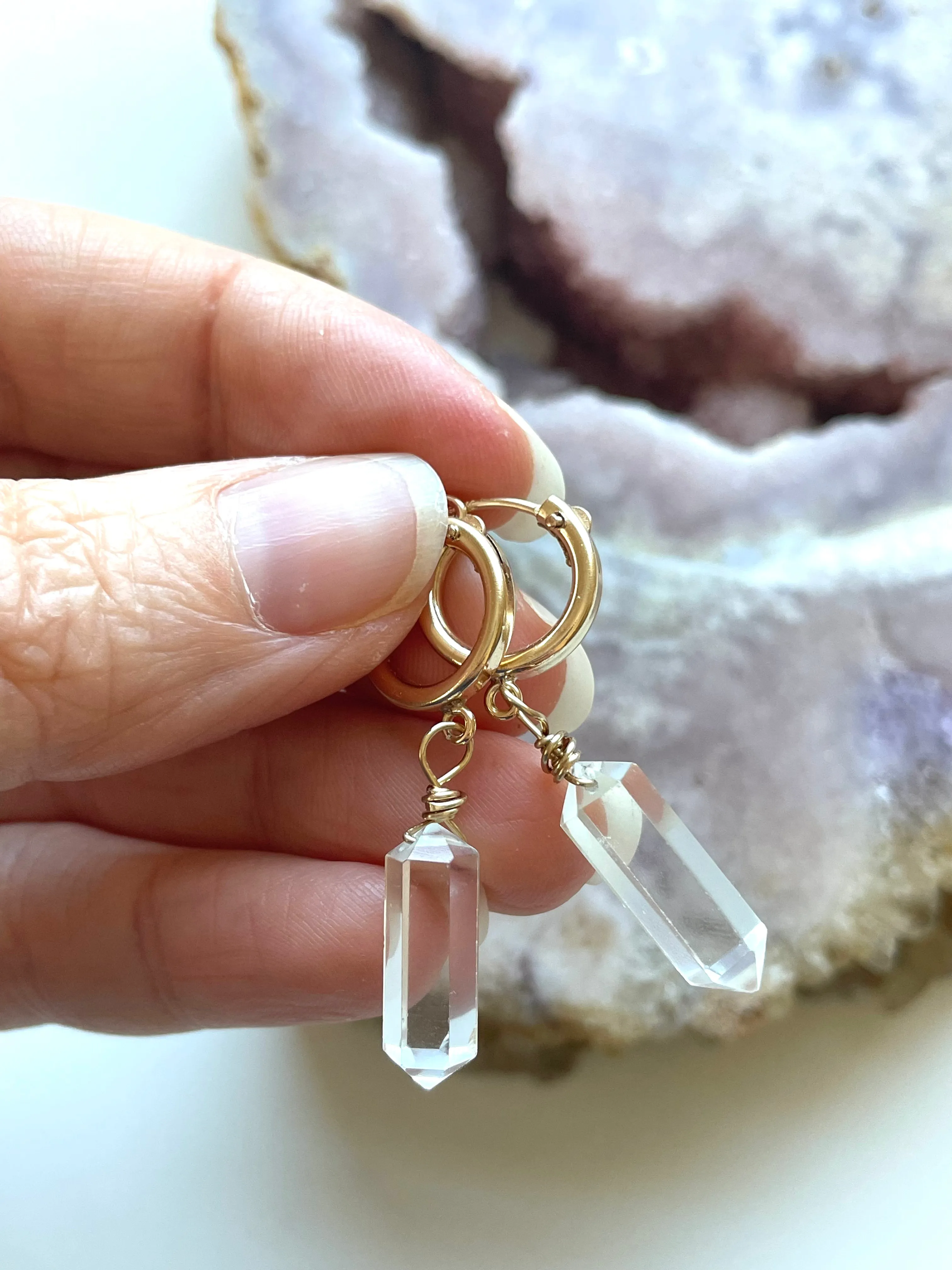 14kt Gold Filled Tiny Crystal Clear Quartz Huggie Earrings