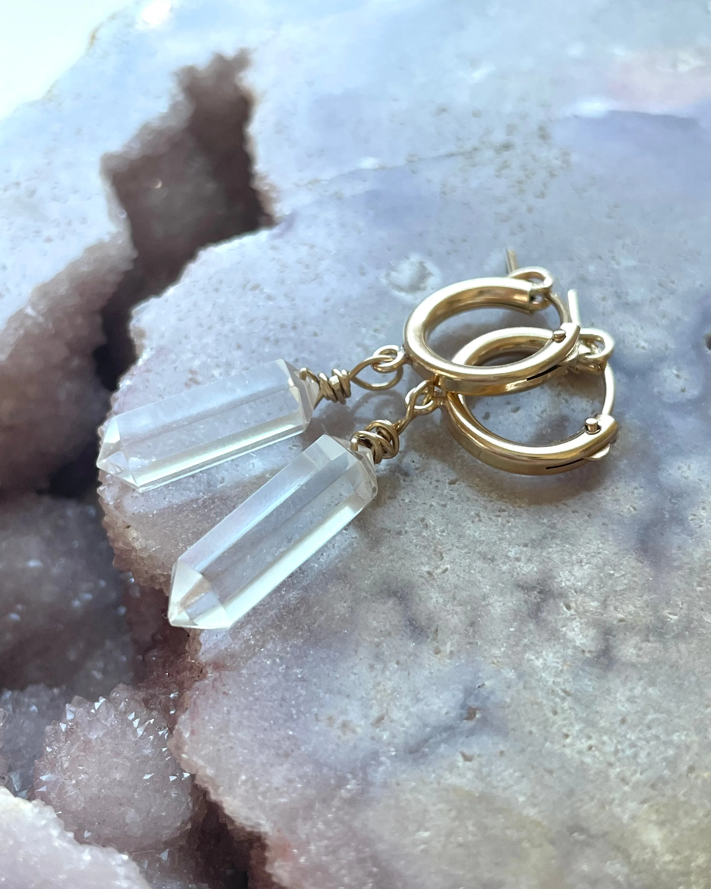 14kt Gold Filled Tiny Crystal Clear Quartz Huggie Earrings