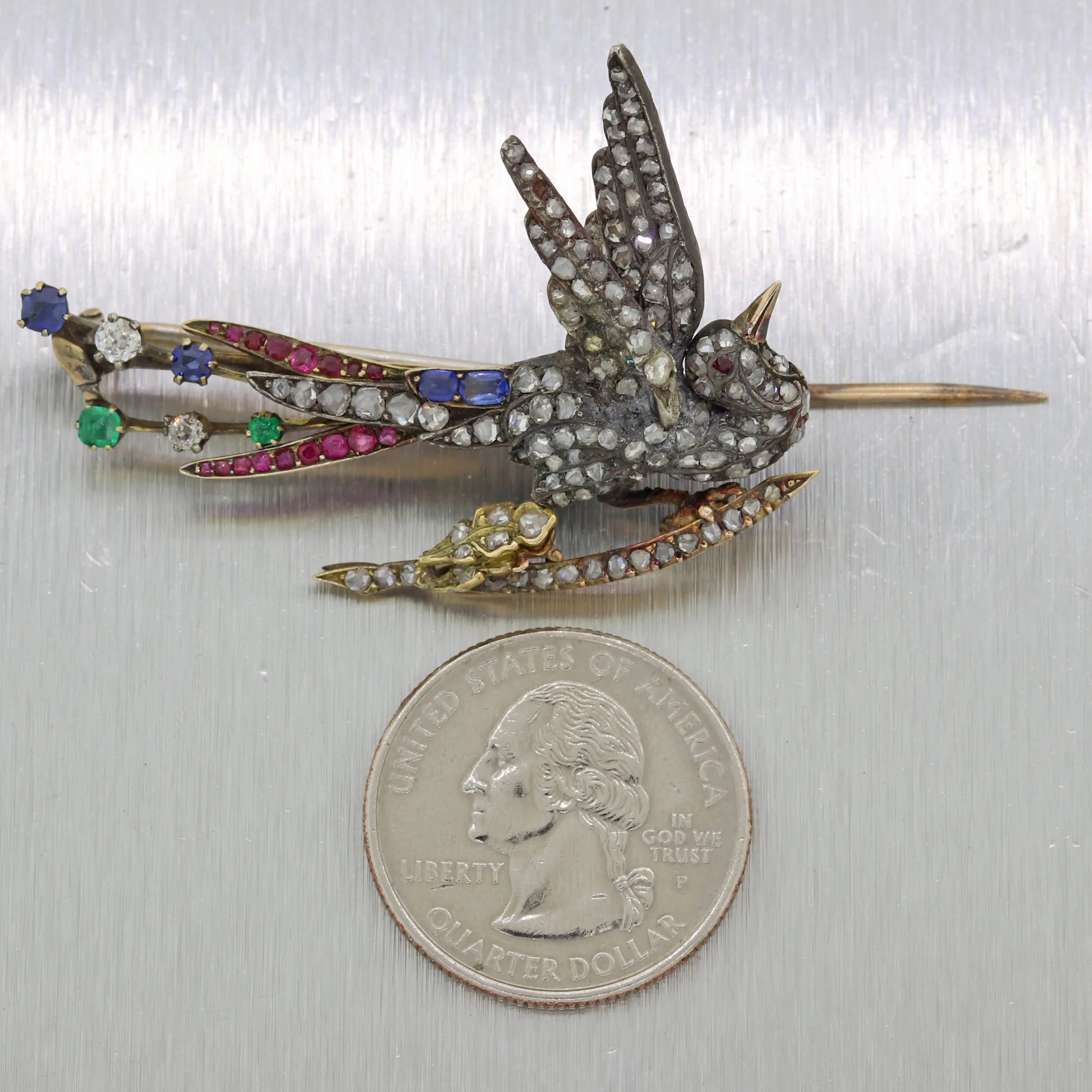 1830's Antique Victorian Silver Diamond Sapphire Emerald Ruby Bird Brooch Pin