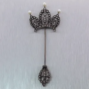 1850s Antique Victorian Sterling Silver 9k Gold 1.50ctw Diamond Pearl Stick Pin