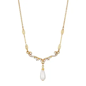 1928 Jewelry Belle Epoch Faux Pearl Teardrop Crystal Necklace 16"   3" Extender