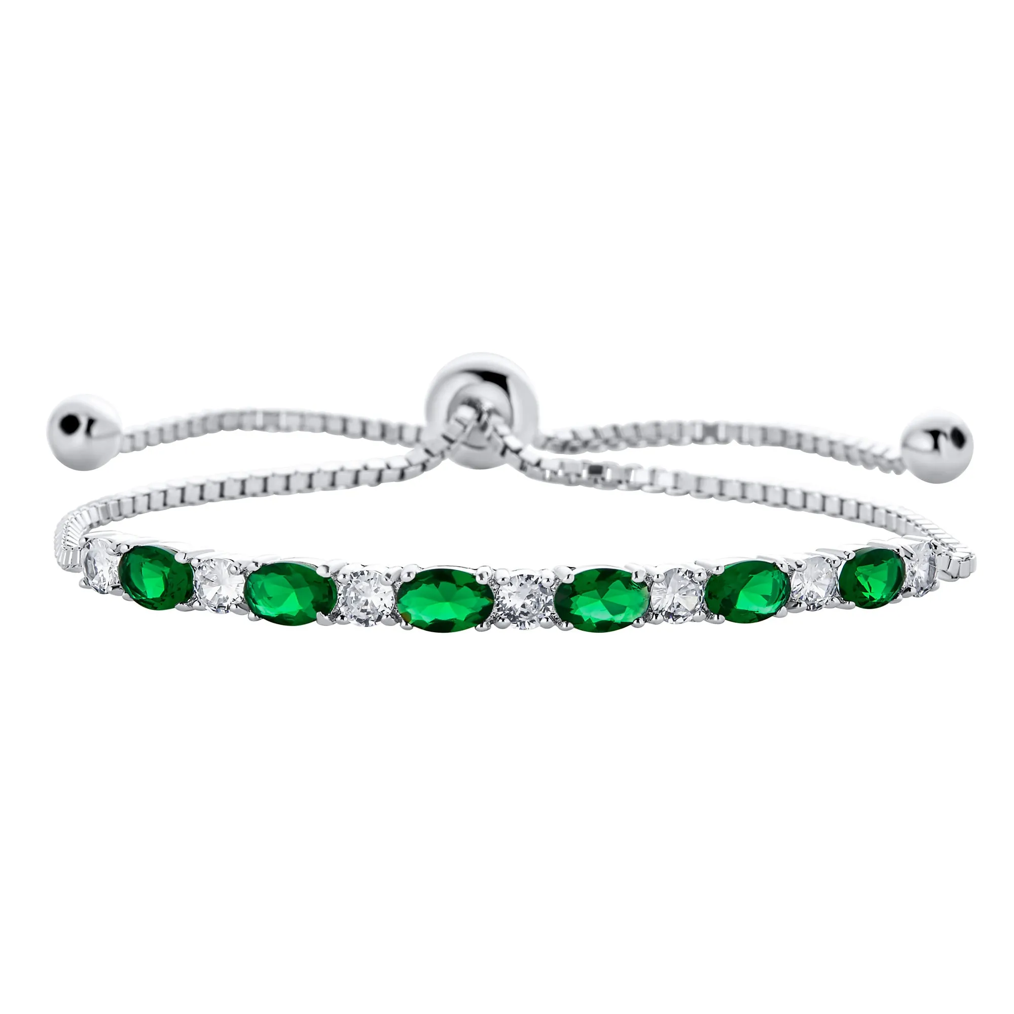 6CTW Emerald Green & Clear CZ Tennis Bracelet Bolo Style Rhodium Plated