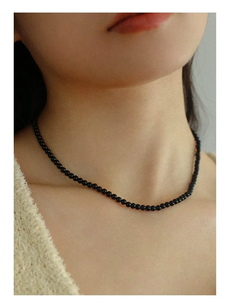 925 Silver Clasp 4mm Black Agate Beaded Necklace