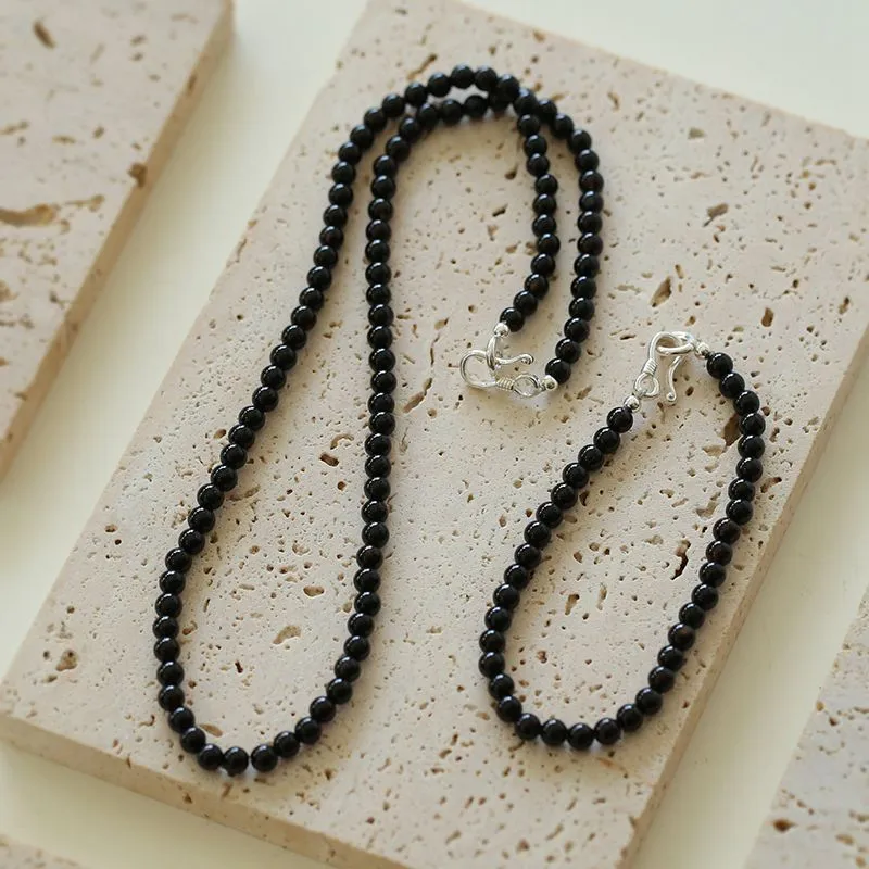 925 Silver Clasp 4mm Black Agate Beaded Necklace