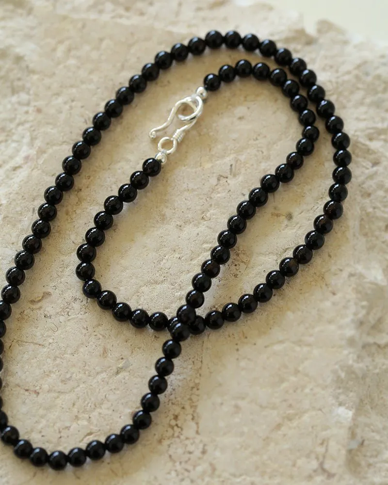 925 Silver Clasp 4mm Black Agate Beaded Necklace