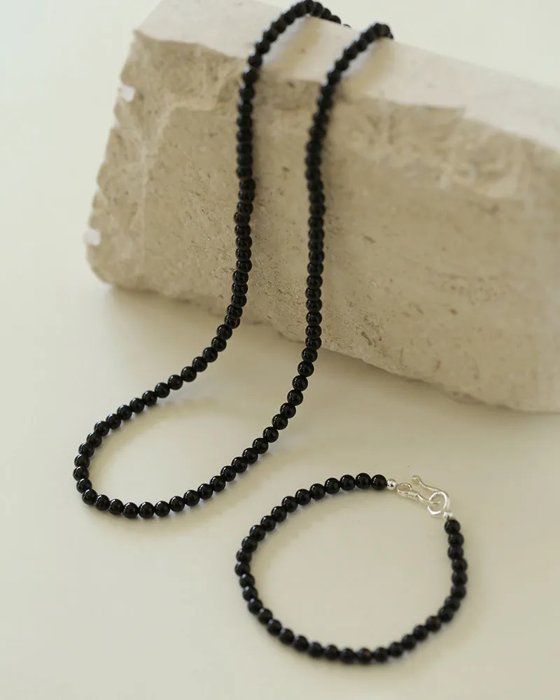 925 Silver Clasp 4mm Black Agate Beaded Necklace