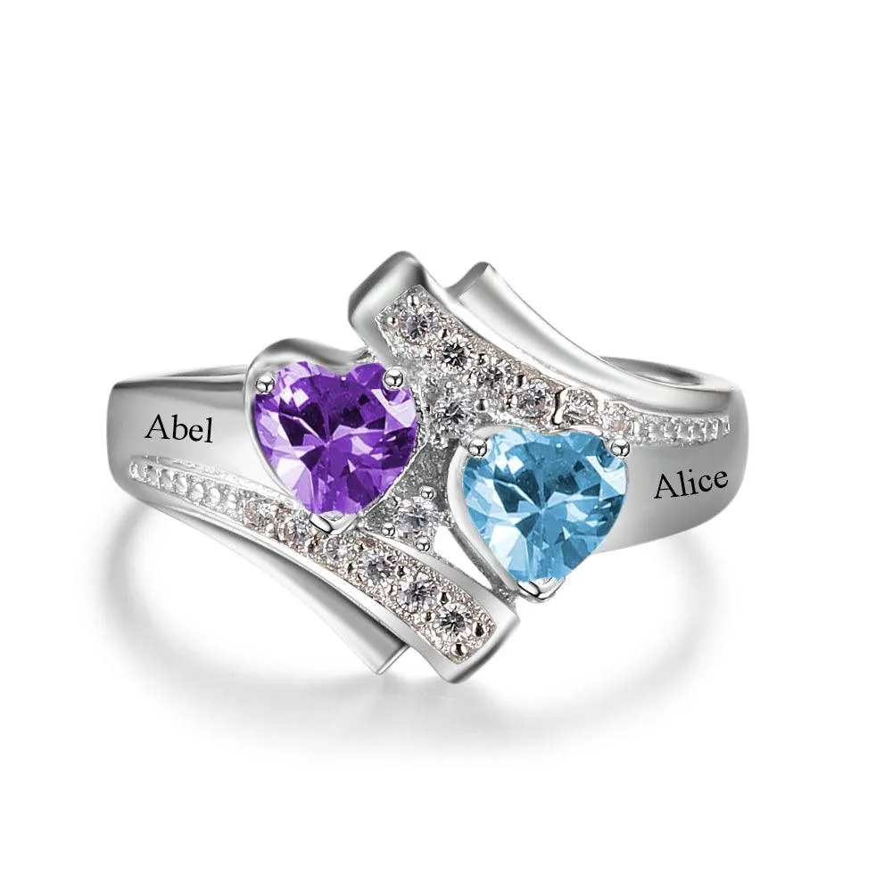 925 Sterling Silver Customized Heart Birthstone & Engraved Name Ring