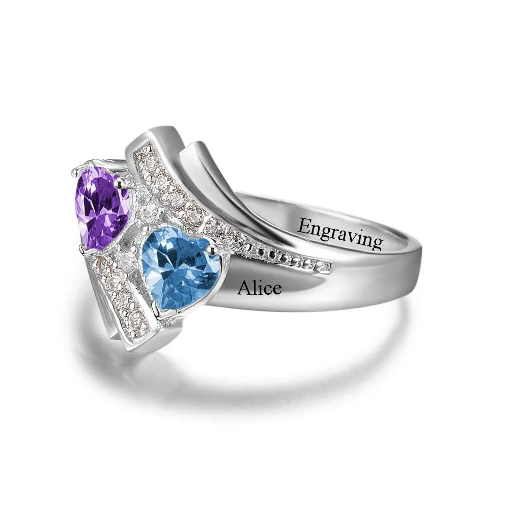 925 Sterling Silver Customized Heart Birthstone & Engraved Name Ring