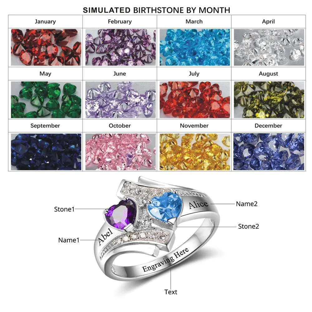 925 Sterling Silver Customized Heart Birthstone & Engraved Name Ring