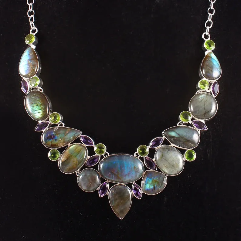 Amethyst,Labradorite And Peridot Bib Necklace For Women - 925 Sterling Silver Necklace