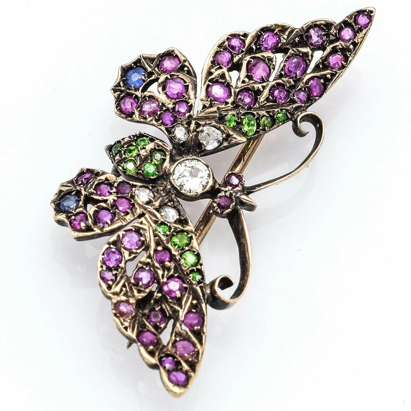 Antique 14K Rose Gold Ruby Emerald Sapphire Diamond Butterfly Brooch