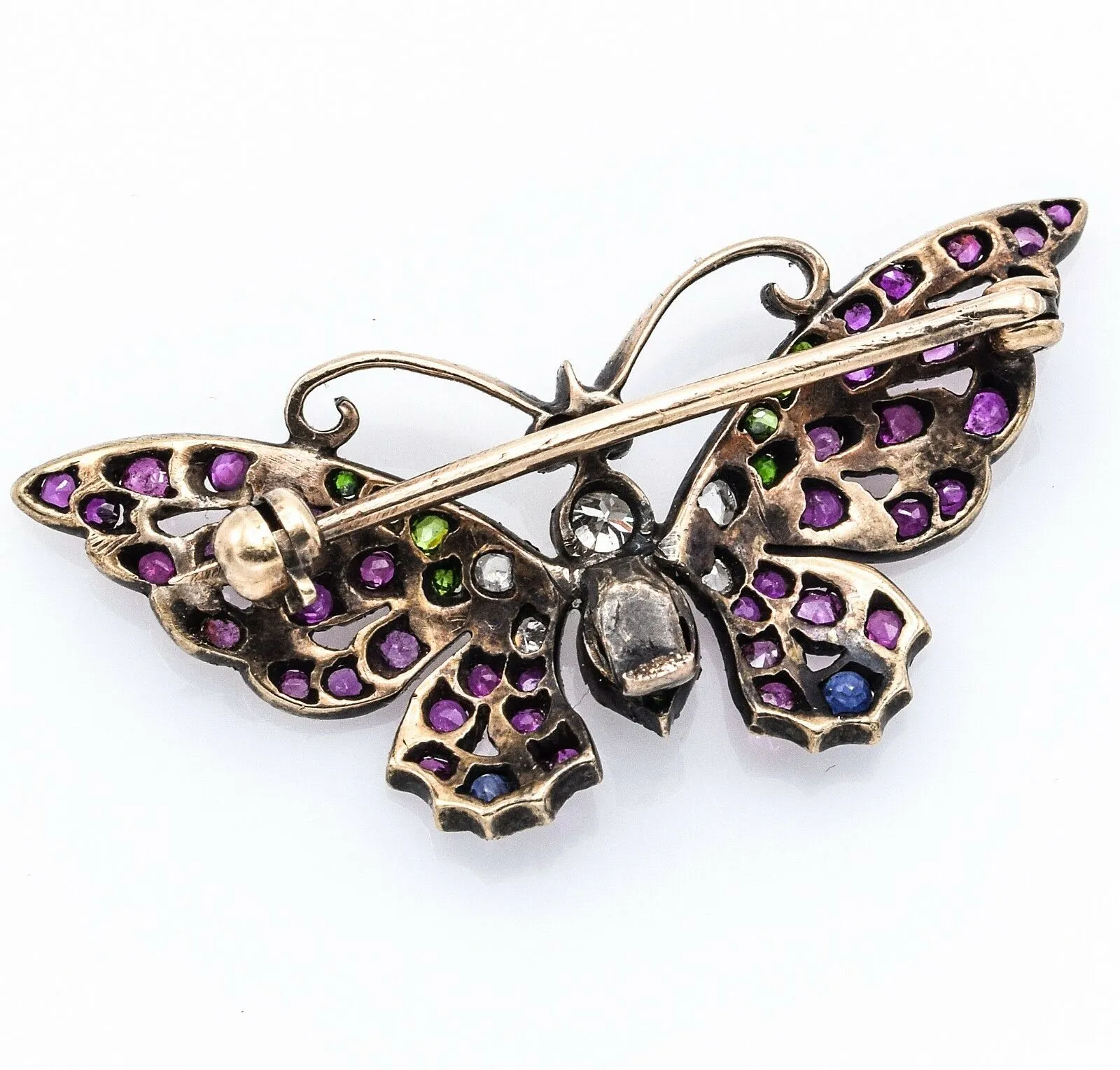 Antique 14K Rose Gold Ruby Emerald Sapphire Diamond Butterfly Brooch