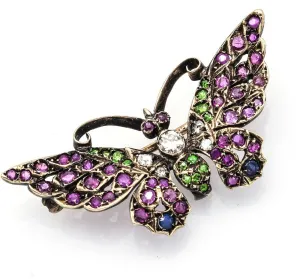 Antique 14K Rose Gold Ruby Emerald Sapphire Diamond Butterfly Brooch