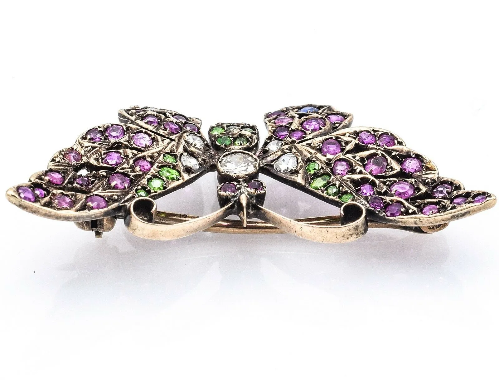 Antique 14K Rose Gold Ruby Emerald Sapphire Diamond Butterfly Brooch