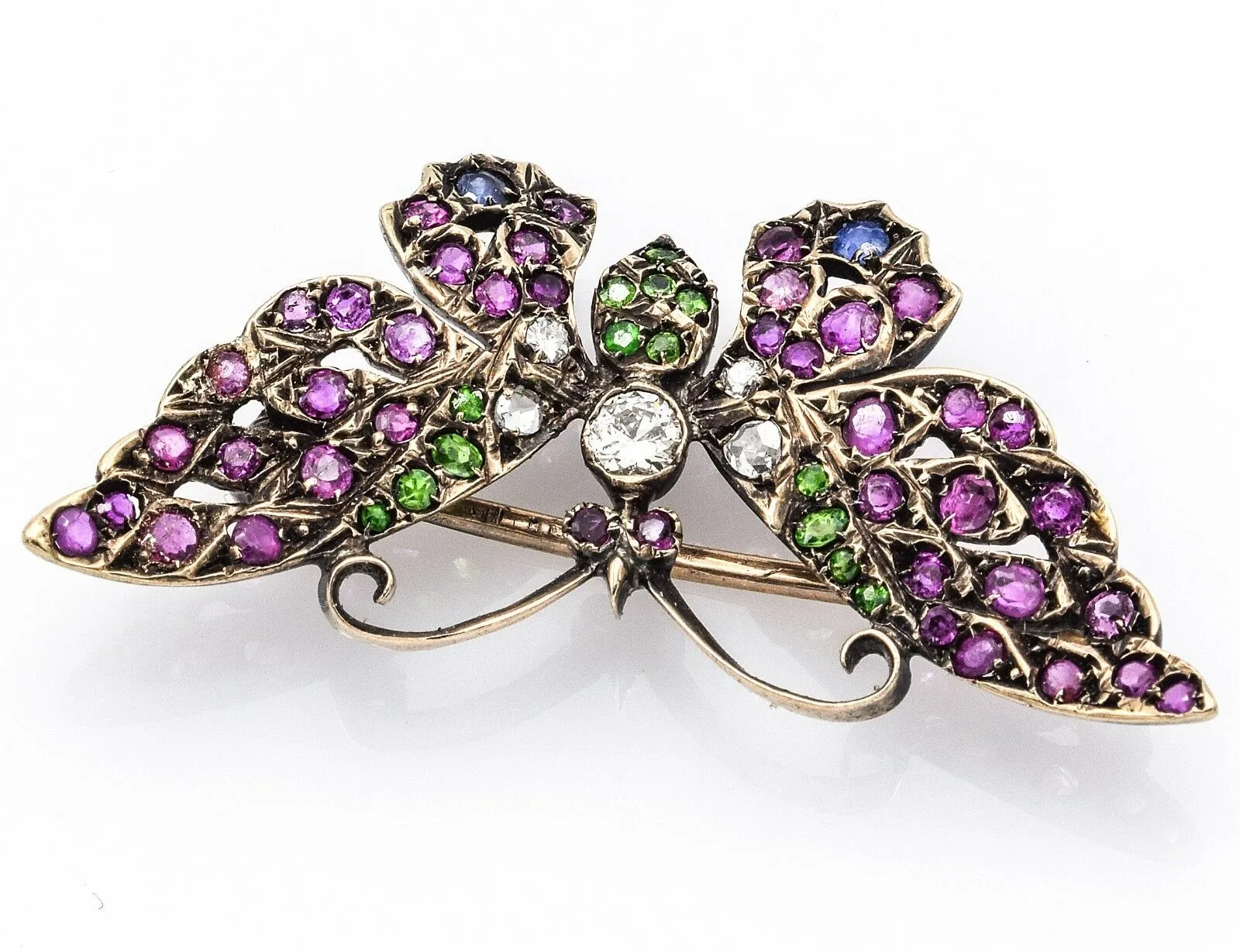 Antique 14K Rose Gold Ruby Emerald Sapphire Diamond Butterfly Brooch