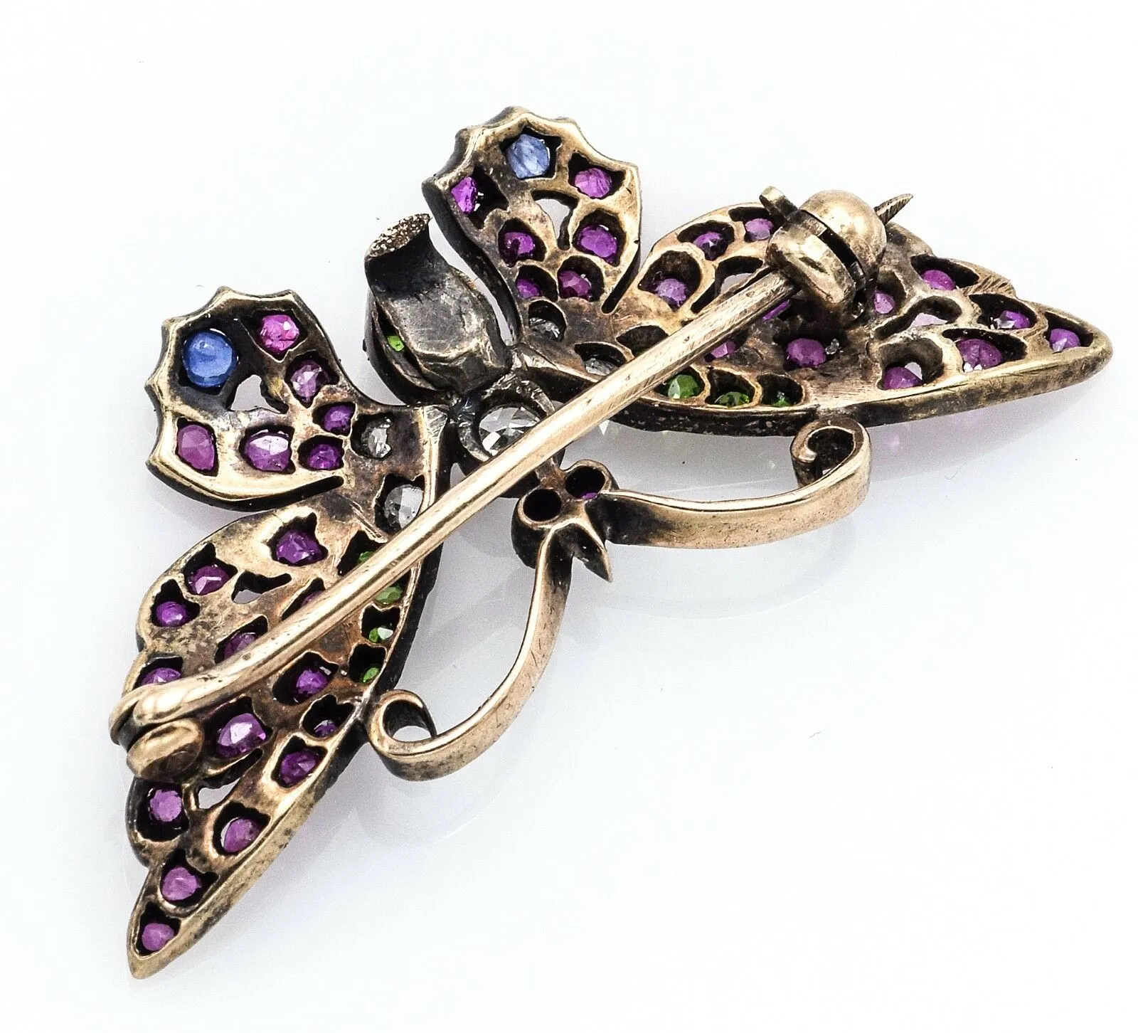 Antique 14K Rose Gold Ruby Emerald Sapphire Diamond Butterfly Brooch