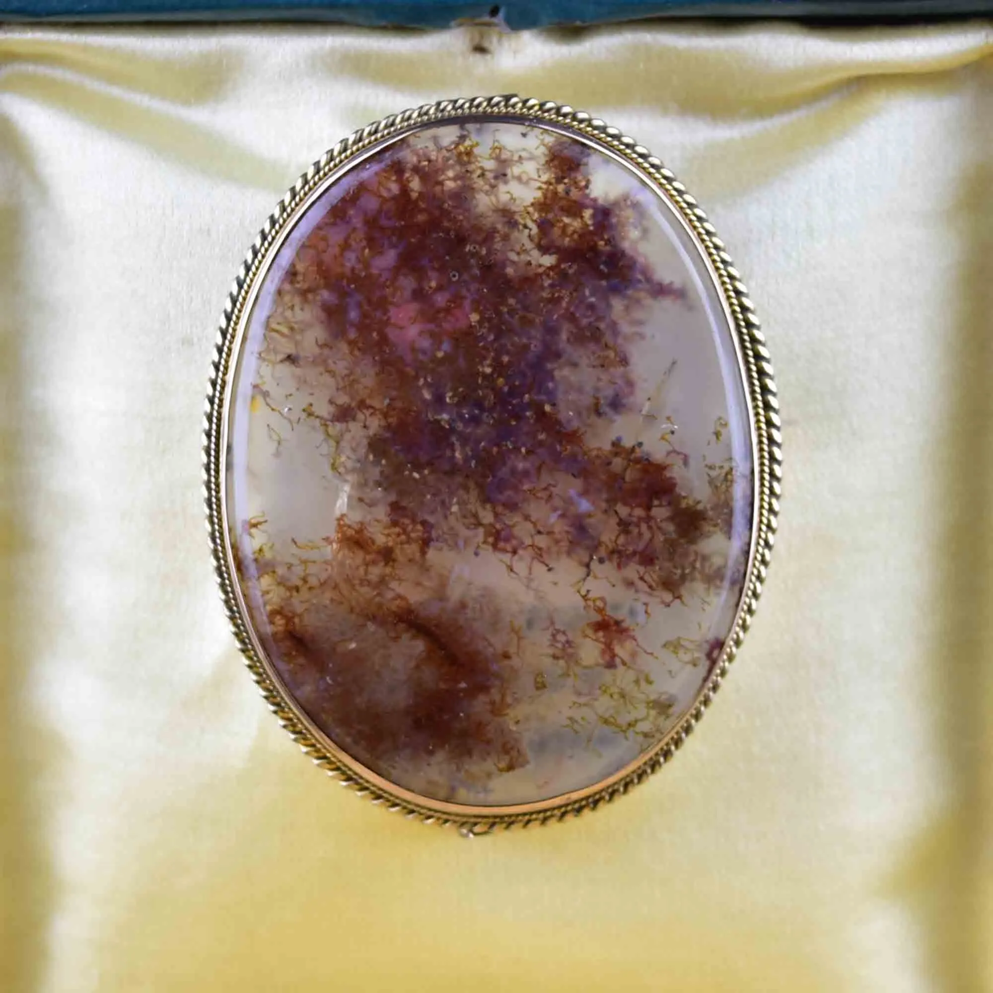 Antique 9K Rose Large Gold Moss Agate Brooch