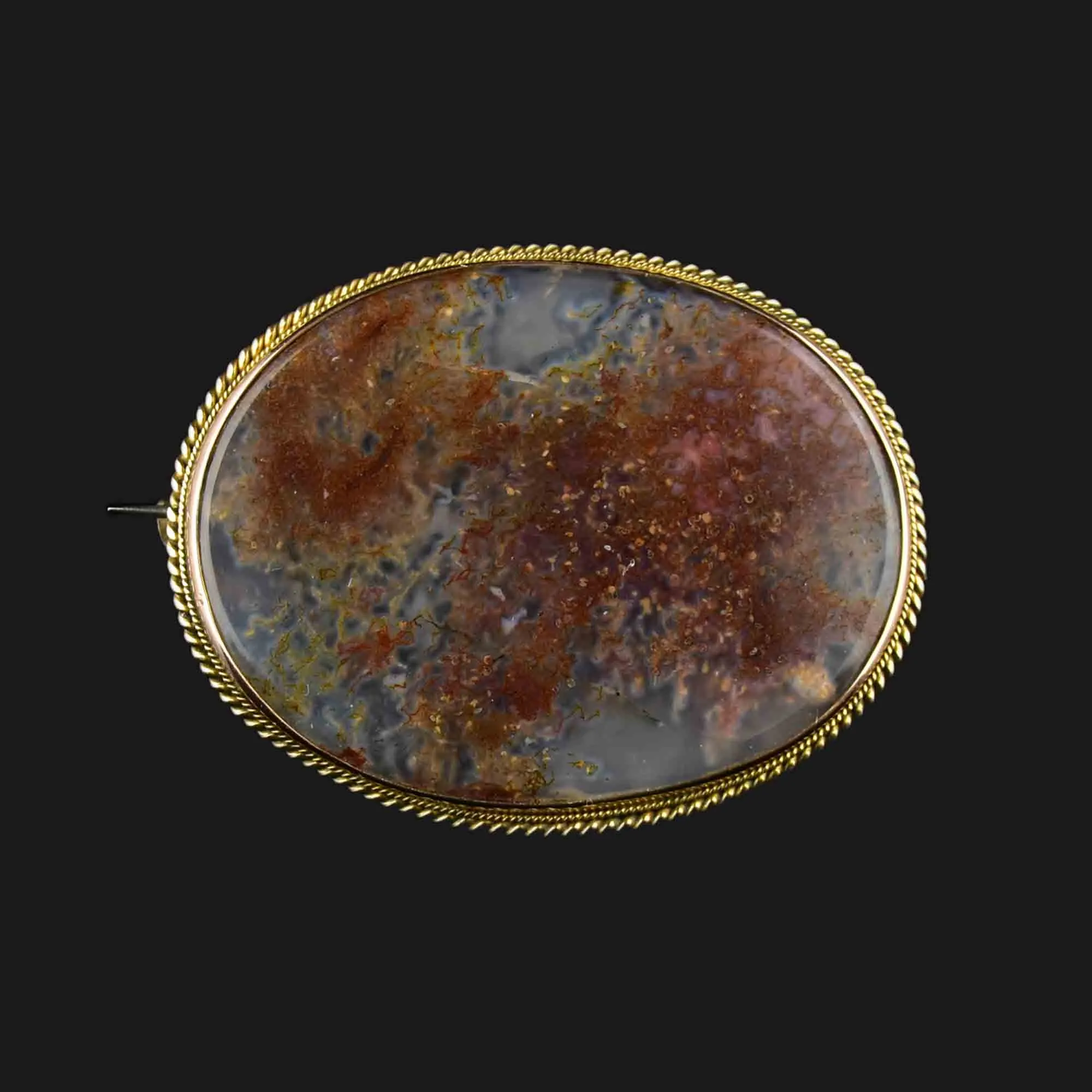 Antique 9K Rose Large Gold Moss Agate Brooch