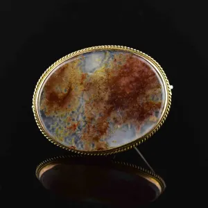 Antique 9K Rose Large Gold Moss Agate Brooch