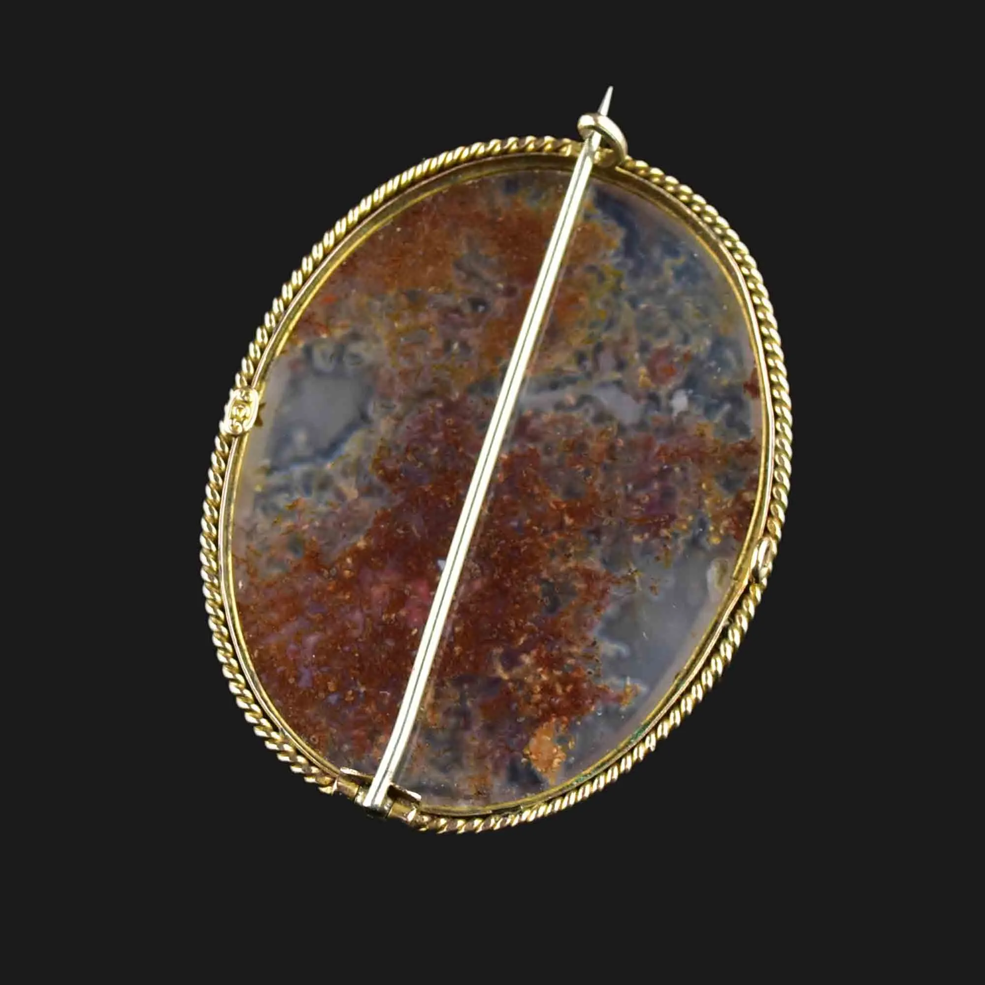 Antique 9K Rose Large Gold Moss Agate Brooch