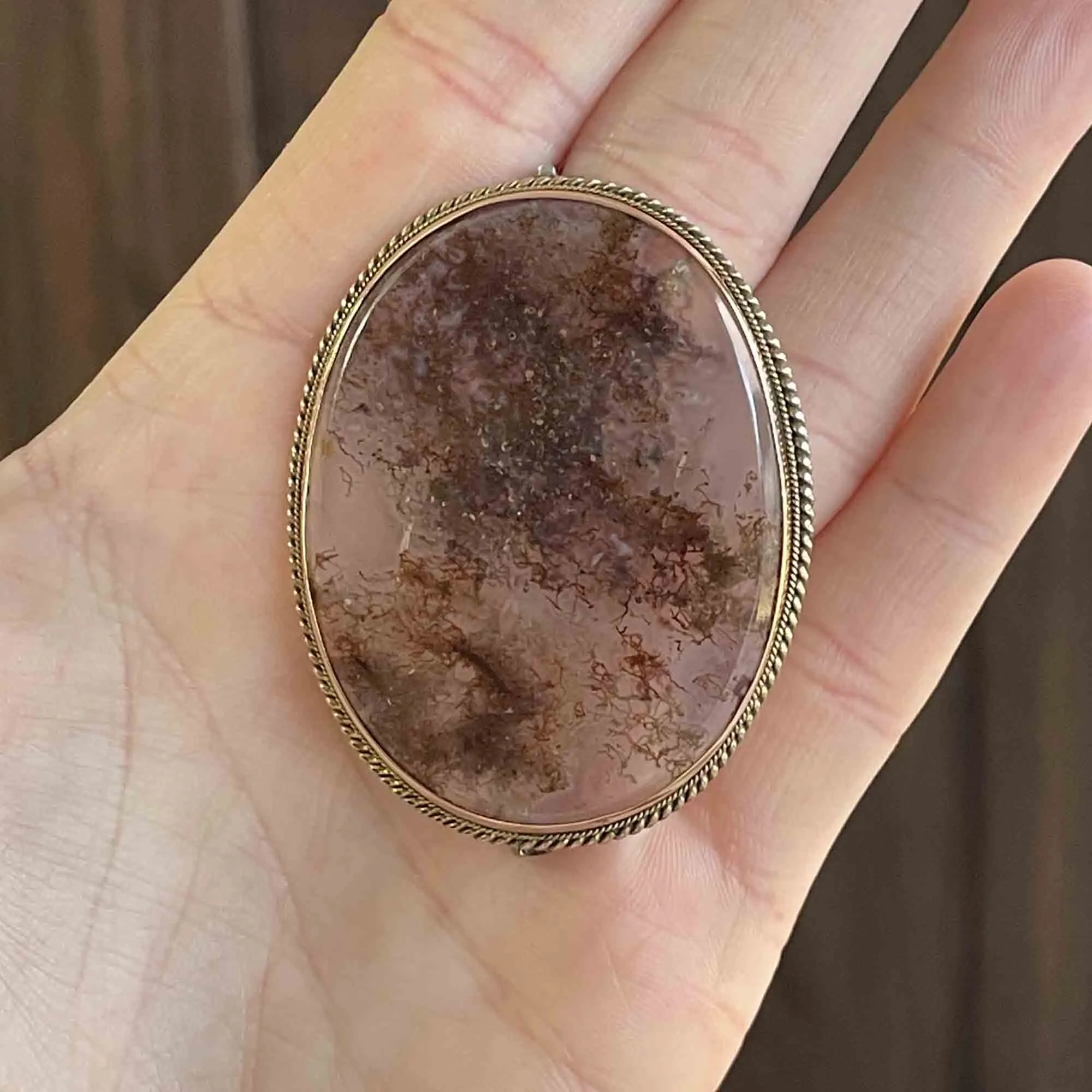 Antique 9K Rose Large Gold Moss Agate Brooch