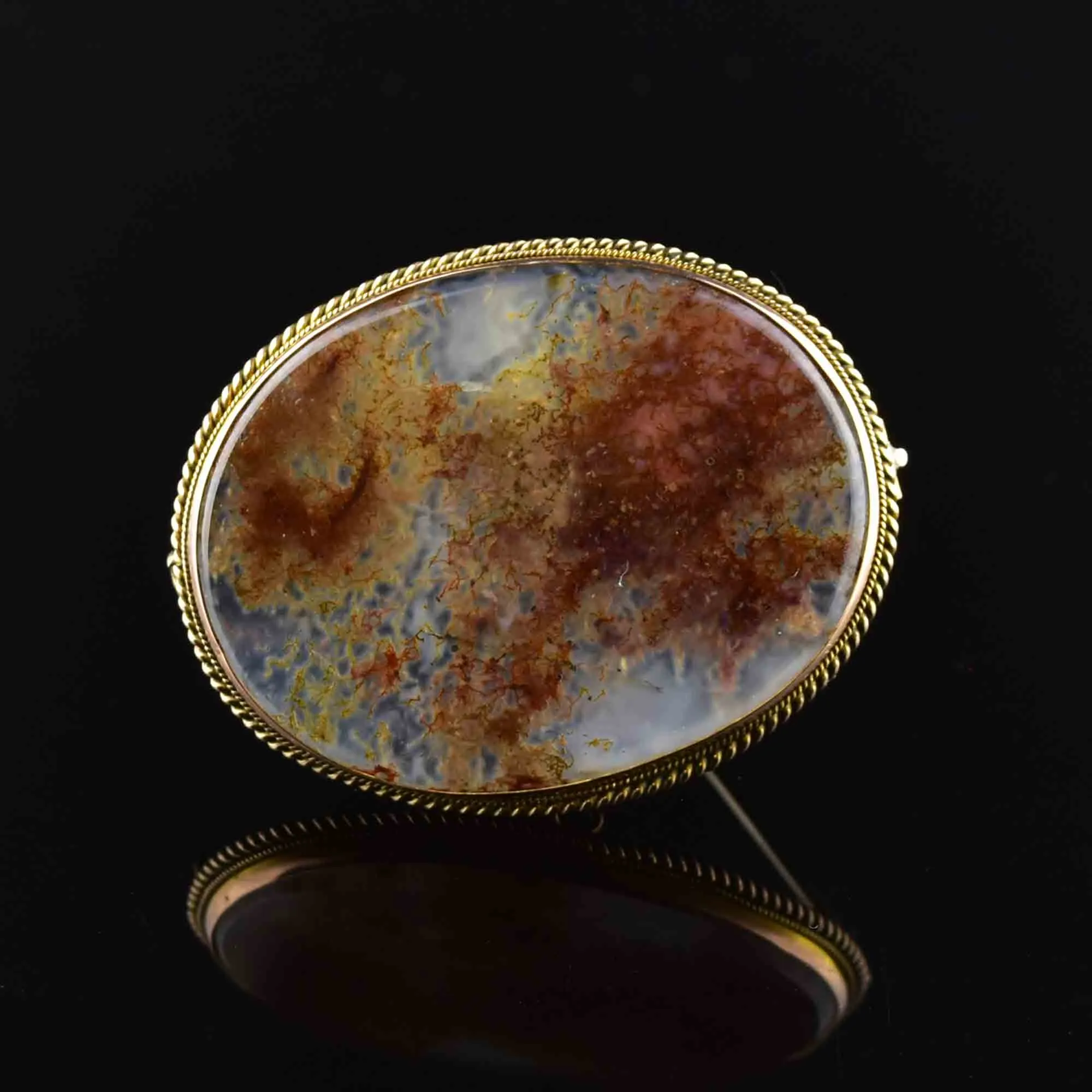 Antique 9K Rose Large Gold Moss Agate Brooch