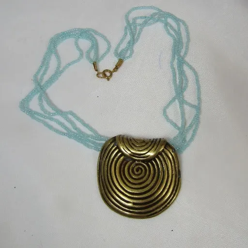 Aqua Multi-strand Necklace with Gold Spiral Disc Pendant