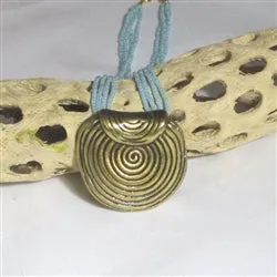 Aqua Multi-strand Necklace with Gold Spiral Disc Pendant