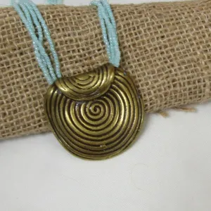 Aqua Multi-strand Necklace with Gold Spiral Disc Pendant