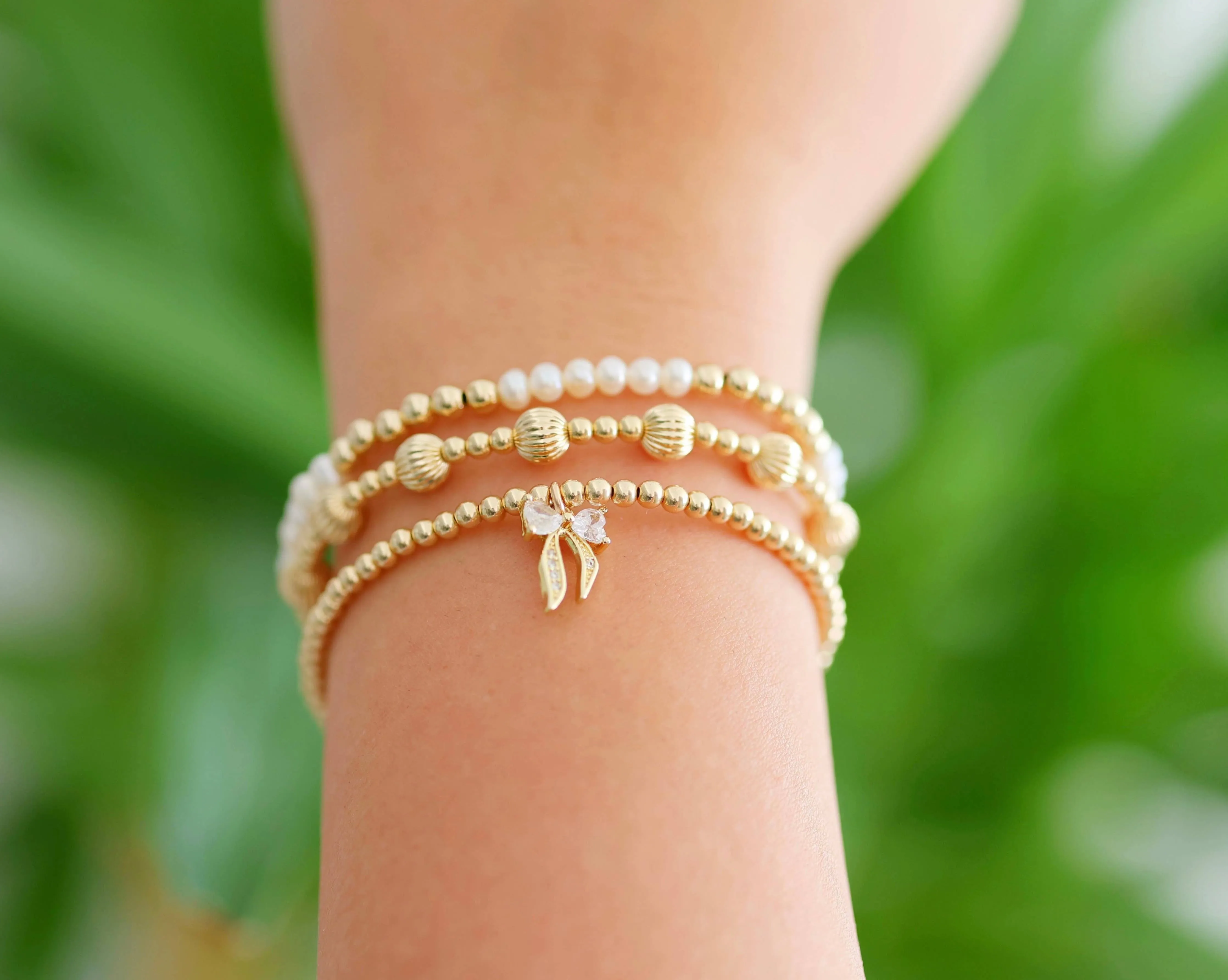 bara boheme - "BEVERLY HILLS" Gold Filled & Pearls Beaded Bracelets Stack: 14K Gold Filled / Stretchy 6.5"