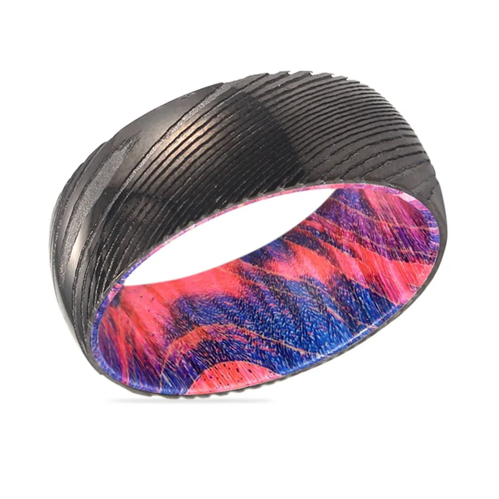 BLUEJAY | Blue & Red Wood, Gunmetal Damascus Steel Ring, Domed