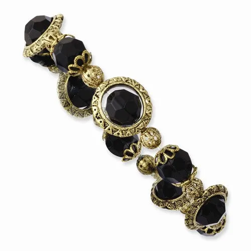 Brass-tone Black Acrylic Beads Stretch Bracelet