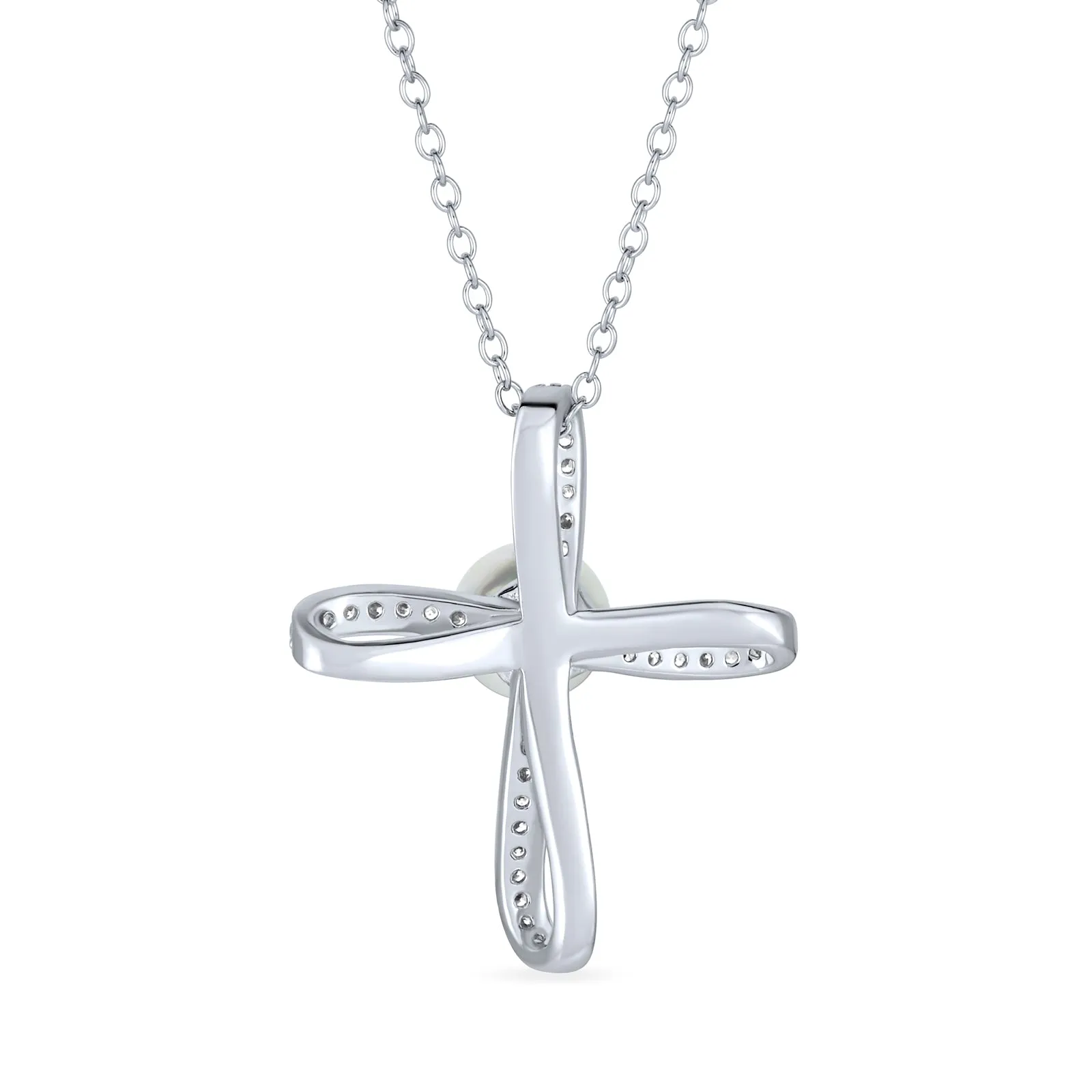 Bridal Religious White Pearl Infinity Cross Necklace Pendant Sterling Silver