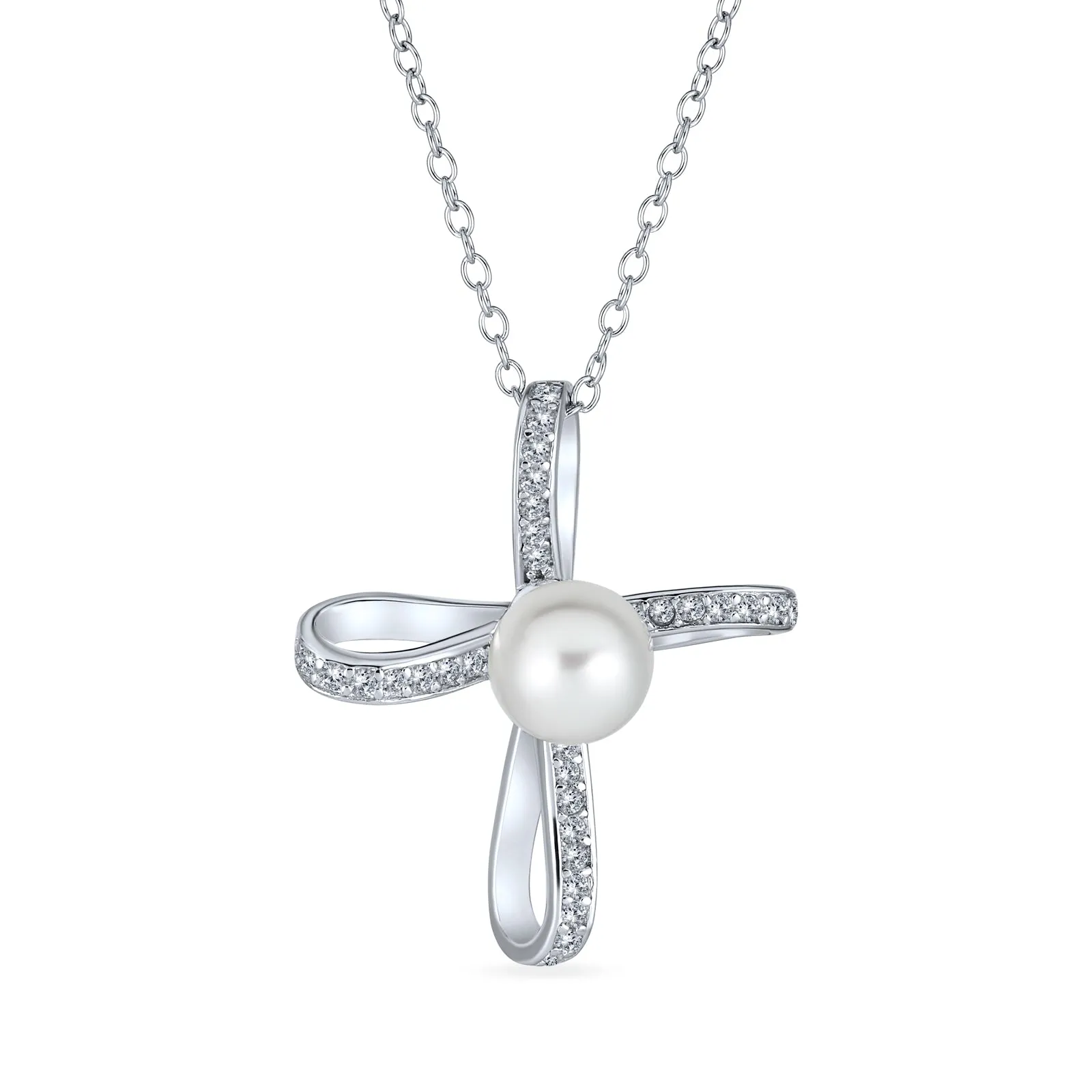 Bridal Religious White Pearl Infinity Cross Necklace Pendant Sterling Silver