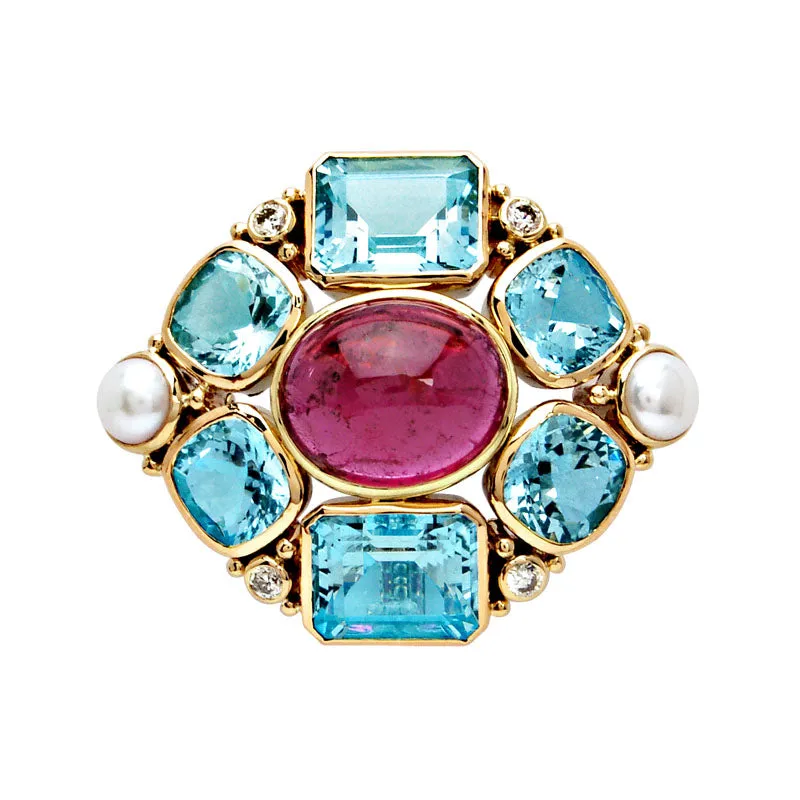 Brooch-Aquamarine, Rubellite, Pearl and Diamond