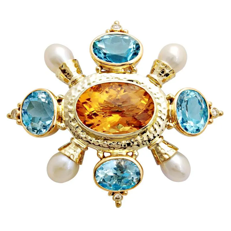 Brooch-Citrine, Blue Topaz, Pearl and Diamond  (1513C)