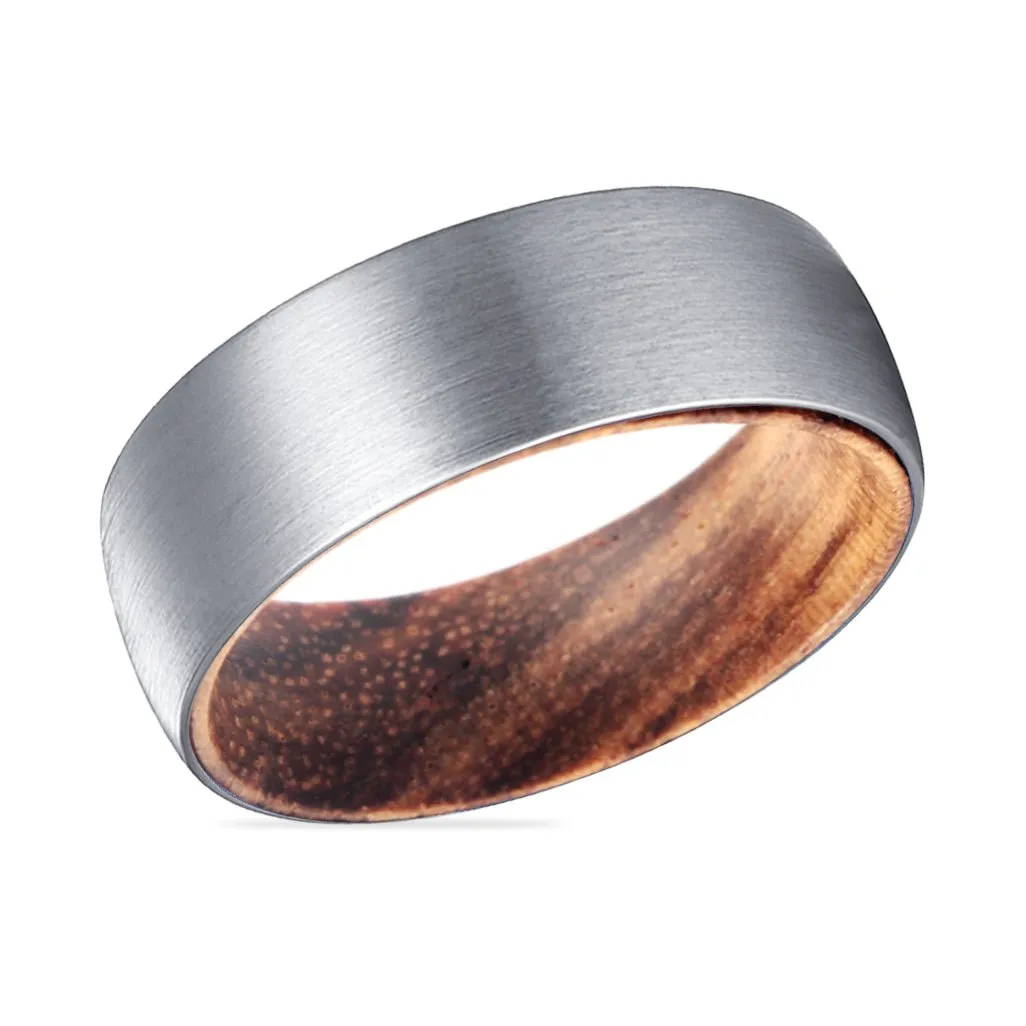 CARSON | Zebra Wood, Silver Tungsten Ring, Brushed, Domed