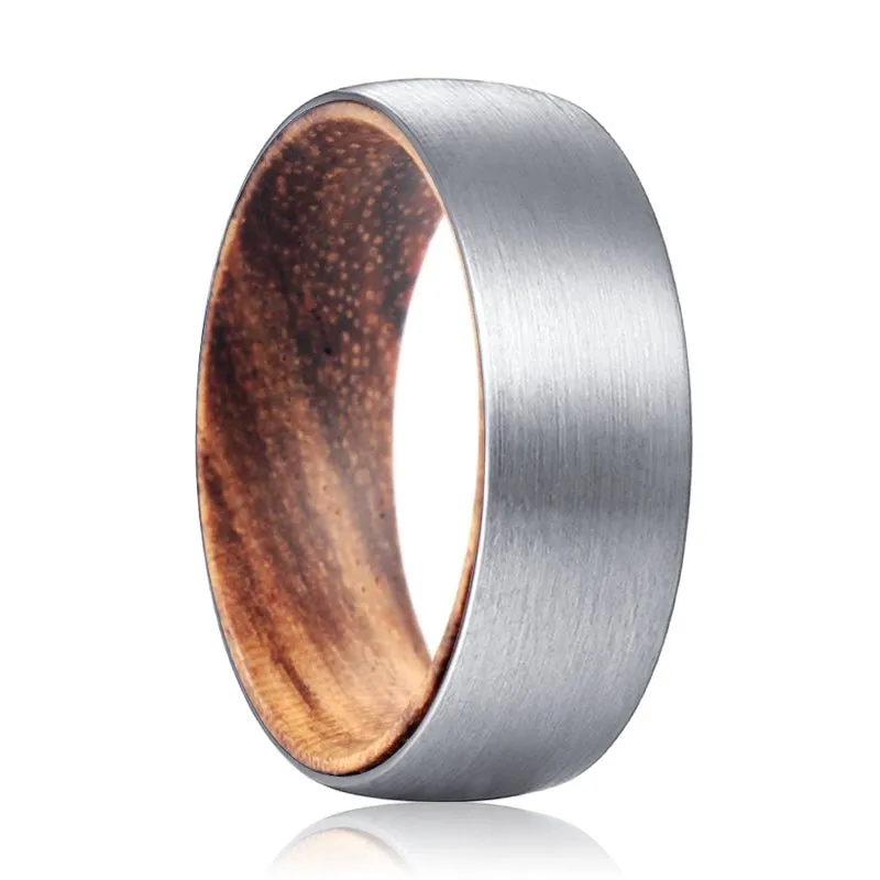 CARSON | Zebra Wood, Silver Tungsten Ring, Brushed, Domed