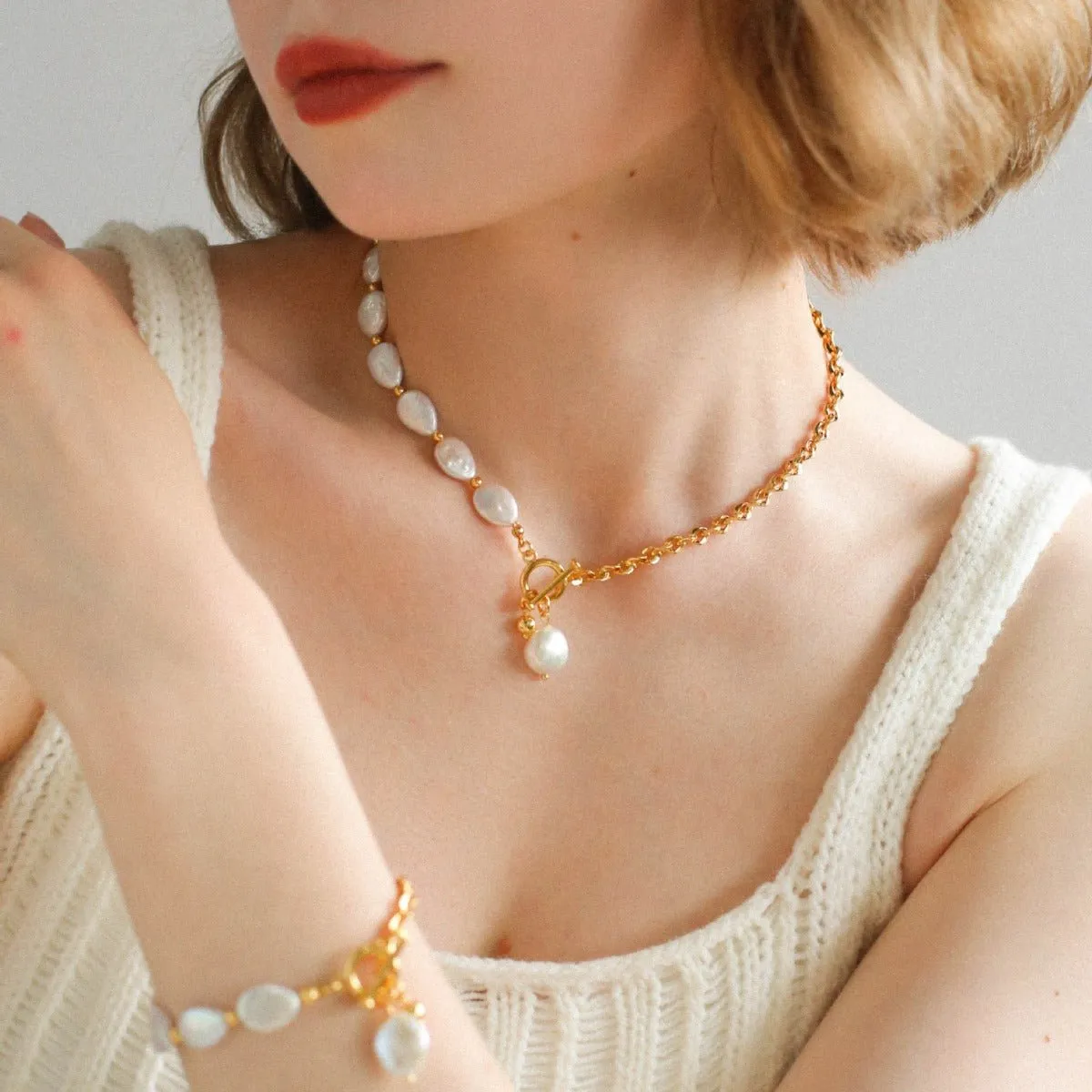 Chain Stitching Teardrop Baroque Pearl Y Shaped Necklace