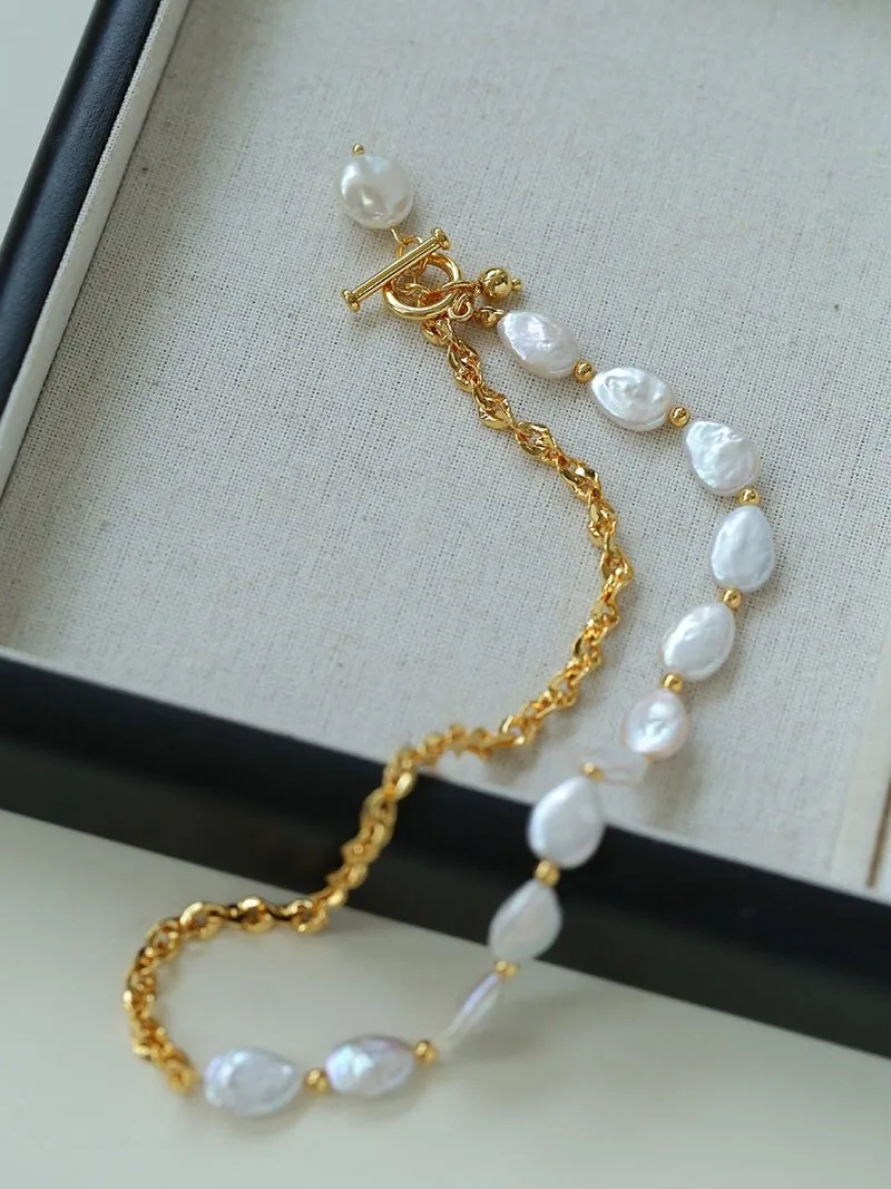 Chain Stitching Teardrop Baroque Pearl Y Shaped Necklace