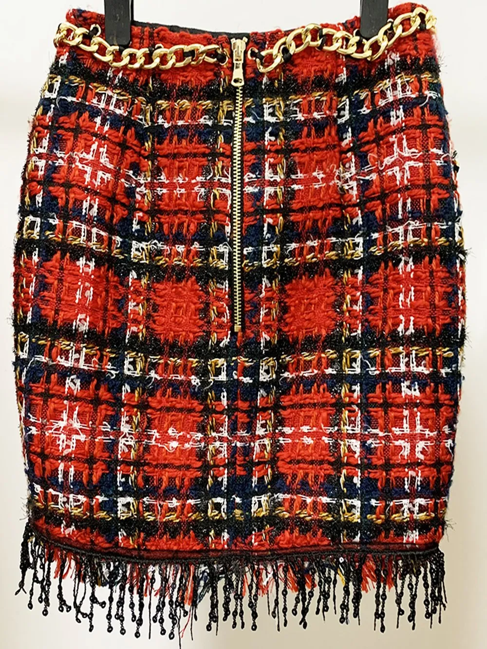 Chains Fringed Plaid Tweed Mini Skirt