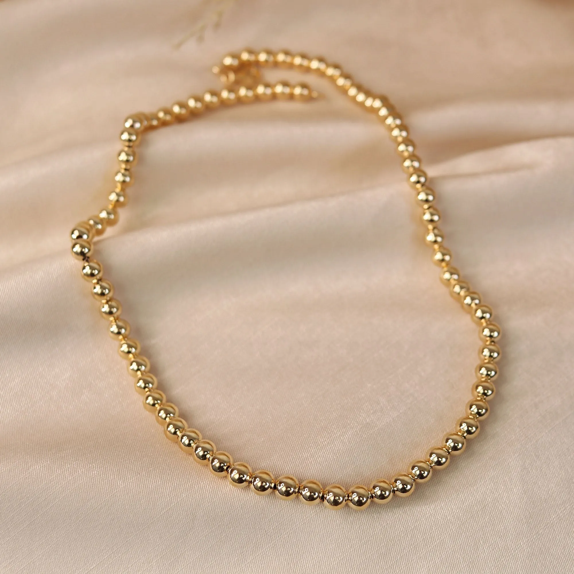 Classic Simple 6MM Round Bead Strand Necklace Polished Gold 16 Inch