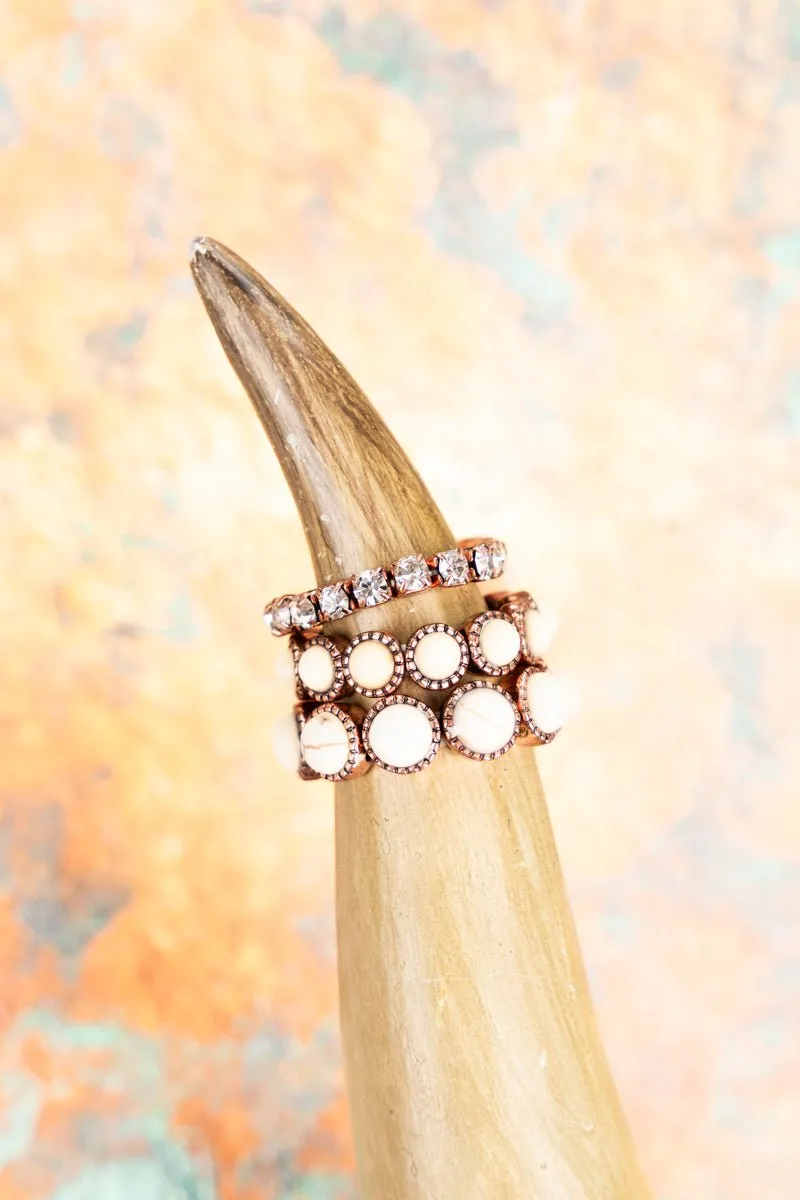 Coppertone Rhinestone and White Stretch Ring Set