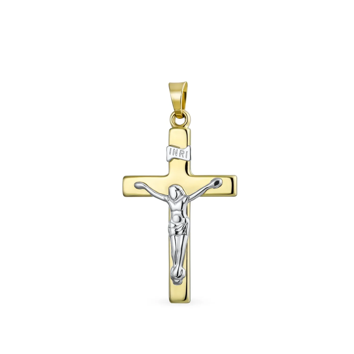 Delicate Two Tone Jesus Inri Crucifix Pendant Necklace in White & 14K Yellow Gold