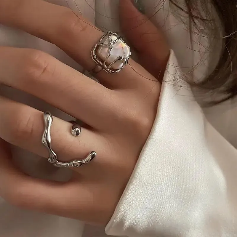 Elegant Geometric Hollow Adjustable Silver Rings: Stylish Vintage Jewelry