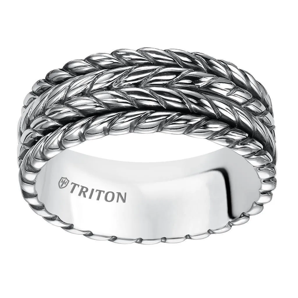 ELLIS Flat Sterling Silver Comfort Fit Wedding Band with Multi-Rope Pattern and Black Oxidation Finish by Triton Rings - 9 mm