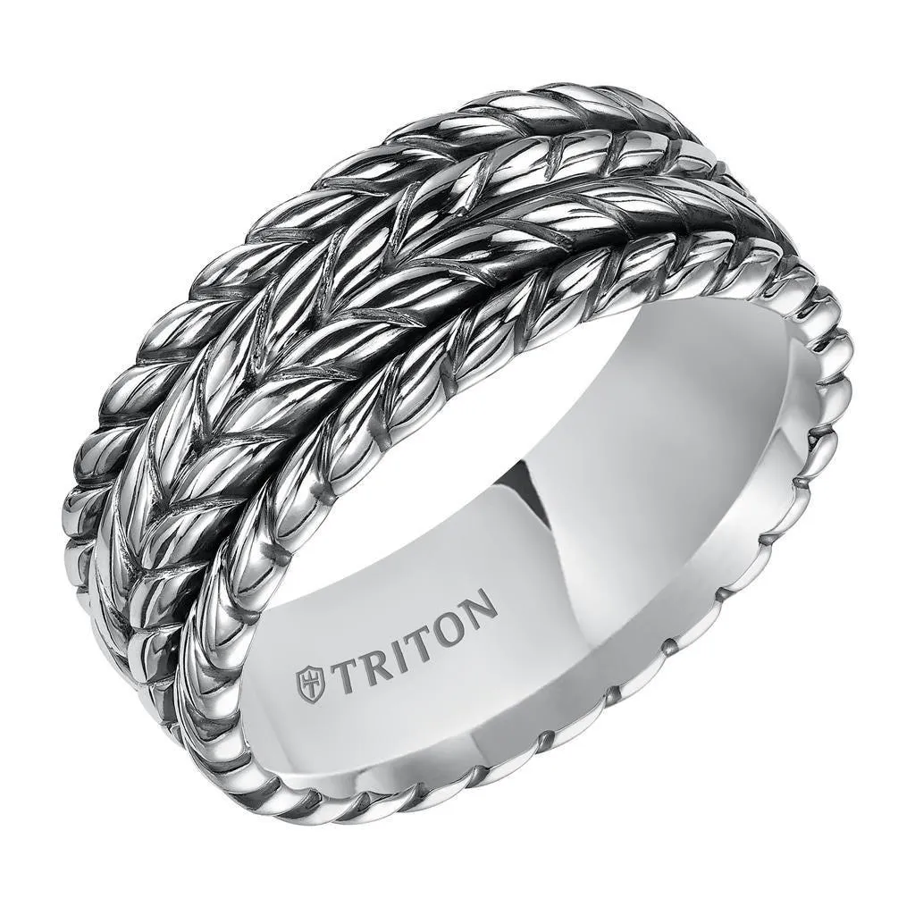 ELLIS Flat Sterling Silver Comfort Fit Wedding Band with Multi-Rope Pattern and Black Oxidation Finish by Triton Rings - 9 mm